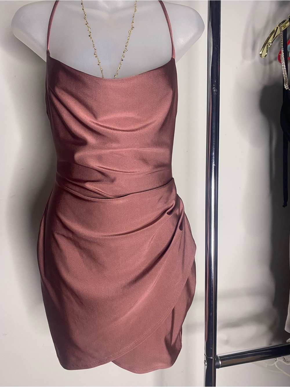 Satin Cowl Neck Rust draped Dress